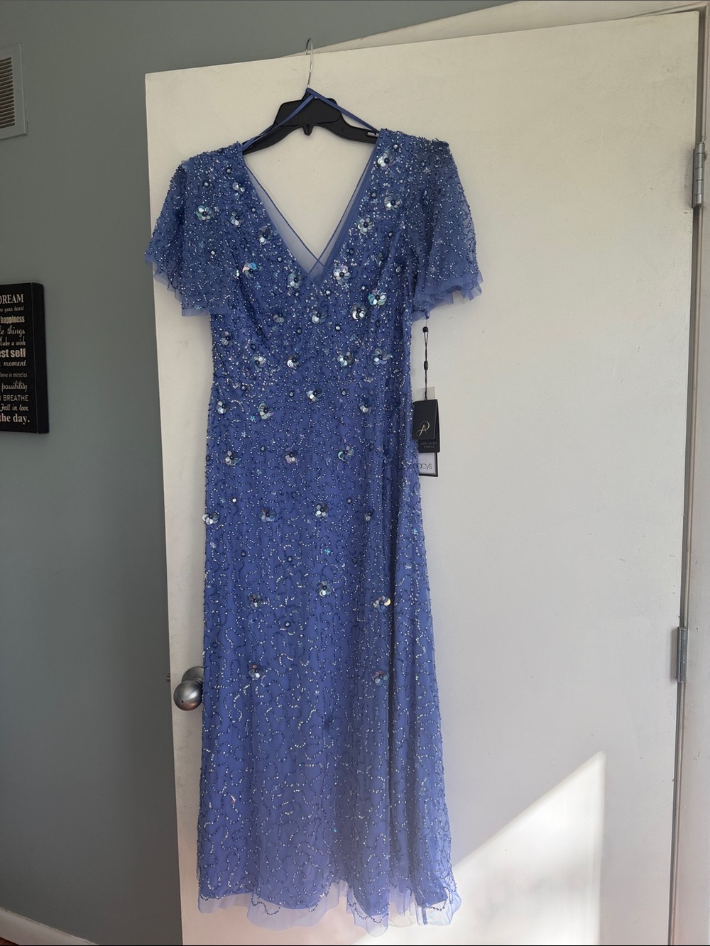 New With Tags Adrianna Papell Periwinkle Beaded Mesh Flutter V‑Neck Maxi Dress